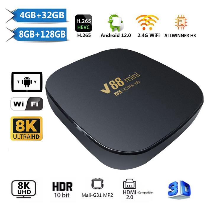 V88 Mini Smart TV Box Android 12 Allwinner H3 Quad Core 2.4G WIFI 8K