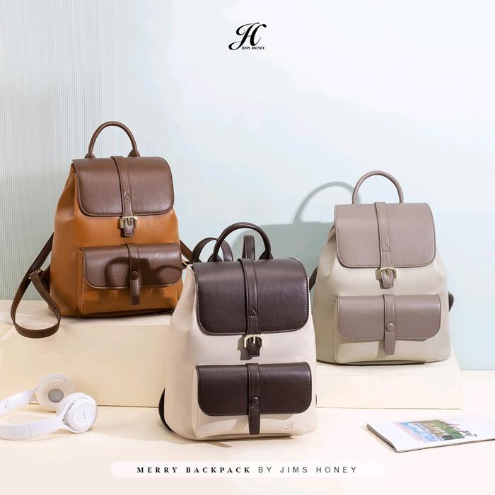 jims honey merry backpack tas ransel wanita tas ransel improt tas gendong Hitam Cokelat Kulit PU