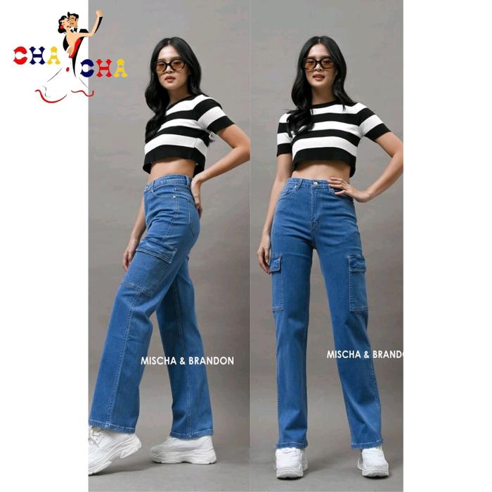 CHASHOP - CELANA JEANS CARGO MISCHA BRANDON / CARGO CASUAL WANITA  Jeans Soft High Waist Celana Panj