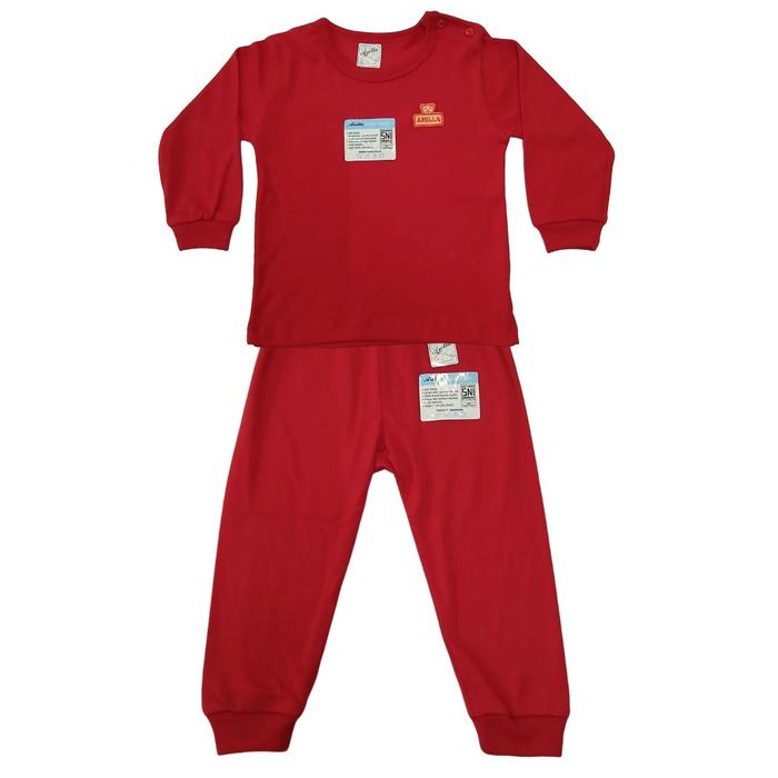 Stelan Baju Bayi Oblong Kancing Bahu Baju Tidur Anak Piyama Anak Arella Warna Merah Lengan Unisex