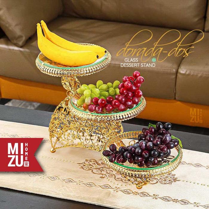 MIZU DORADA-DOS Glass Dessert Stand Cupcake Stand Snack Tower Menara Kue Emas Piring Kaca Susun Deko