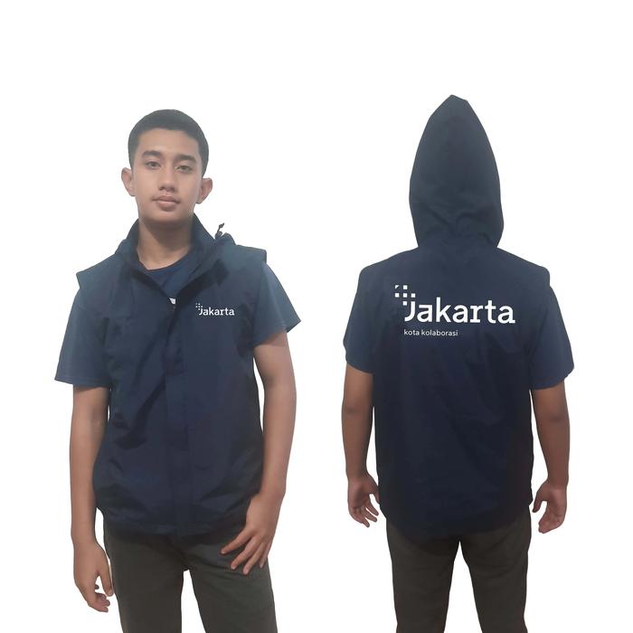 Rompi / Vest Hoodie Jakarta Kolaborasi warna biru dongker Motor Pria Logo Hitam Parasut Keren