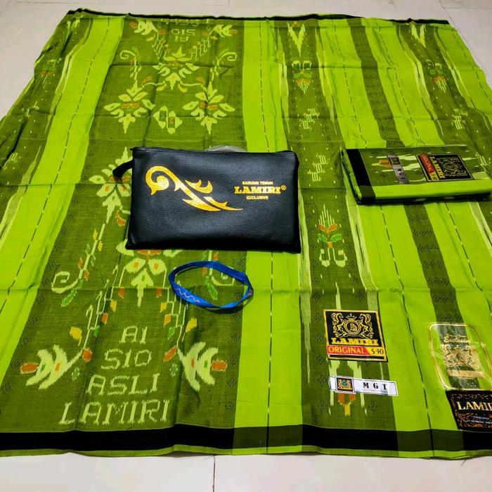 Lamiri Asli Lamiri Hijau Original S-100 Motif Bunga & Stripes dengan Tas & Gelang Biru