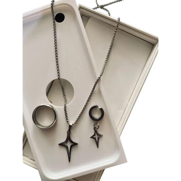 Terbaru Kalung ROLO Set pria Plus Anting Jepit Pria Liontin Bintang Bonus Cincin Putih Stainless ste
