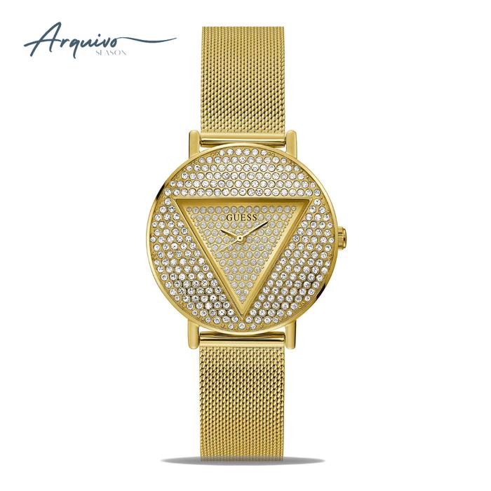 Jam Tangan Wanita Guess Iconic Ladies Champagne Glitz Dial Gold Stainless Steel Mesh Strap Mewah Lux