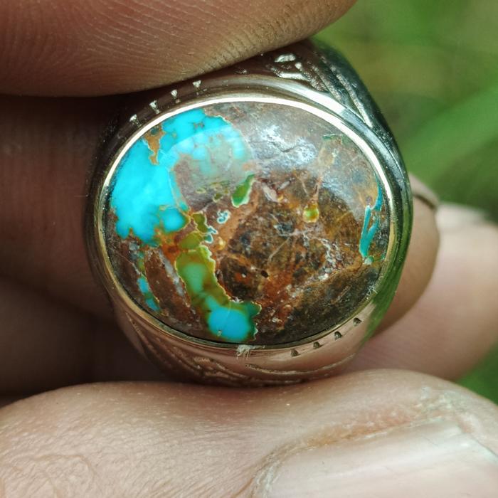 Batu Natural Pirus Persia Unik Toska Biru Tajam Urat Emas Motif Yin Yang Abstrak Alami Dim-14