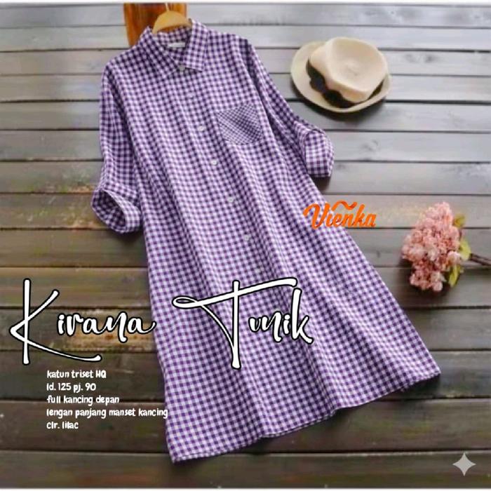 Kirana Tunik Jumbo Bahan Adem Halus Kemeja Cewek Katun Triset HQ Full Kancing Depan Lebar Pinggang 1