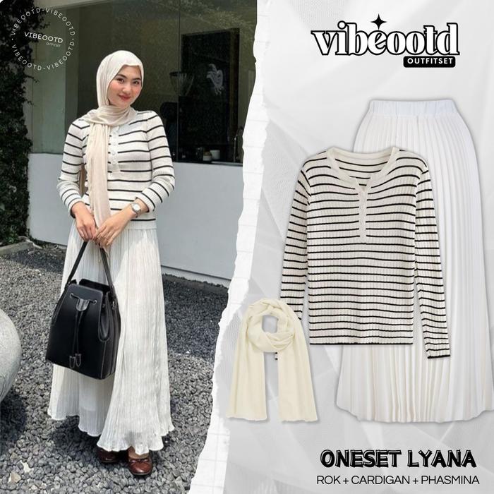 Lyana Otfit Set Wanita Hijab ( Skirt Rok Span Plisket Panjang + Atasan Outer Baju Rajut Kancing stri