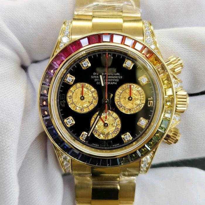 Jam Tangan Mewah Pria lRolex Daytona 18K Real Yellwow Gold 40mm Black Dial Rainbow Diamond Bezel NFC