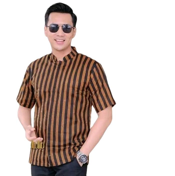 KEMEJA BATIK LURIK PEDAN ASLI HEM KOKO SLIMFIT COKLAT HITAM KERAH SANGHAI formal outfit Lengan bajub