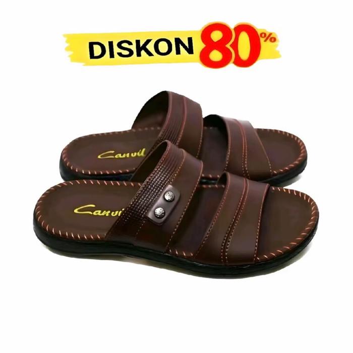 PROMO!!Sandal Slop Pria Kulit Sandal Carvil Viral Promo Model Ban2 Shoes Hitam Coklat