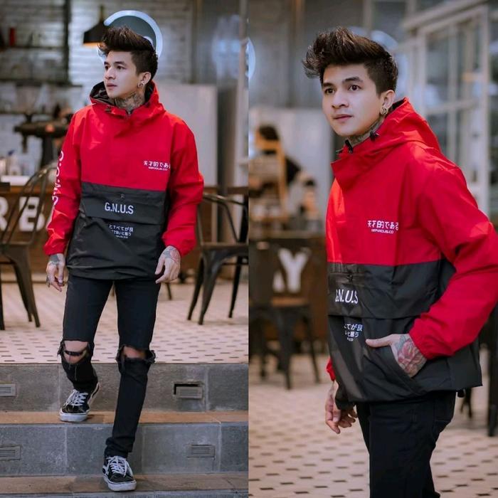 Rocket Queen Cagoule Pullover Jacket Parasut Red Black Genious Jaket Pria Kancing Panjang Sablon