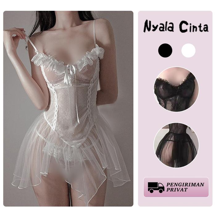NyalaCinta Gaun Tidur Renda Wanita Sling Tipis Bahu Terbuka Desain Elegan Sexy