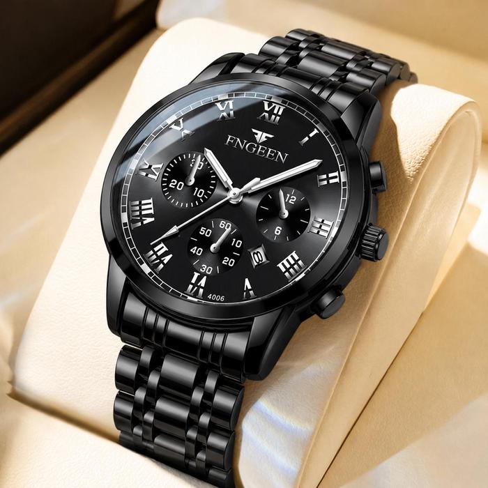 FNGEEN Jam Tangan Pria 4006 Full Black Stainless Steel Analog Multifungsi Luminous Kalender Tahan Ai