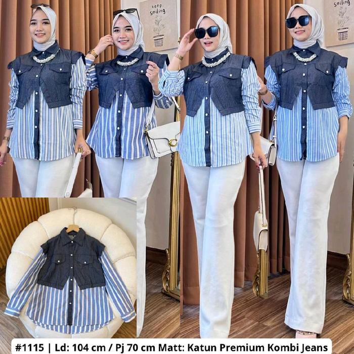 Grace Lee pgmta - Kemeja Katun Salur Kombinasi Denim Motif Garis Wanita Casual Busui Friendly Tangan