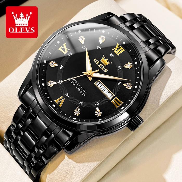 OLVES Jam Tangan Pria Anti Air Original Terbaru Cowok Luminous Kalender Mingguan Stainless Steel Men