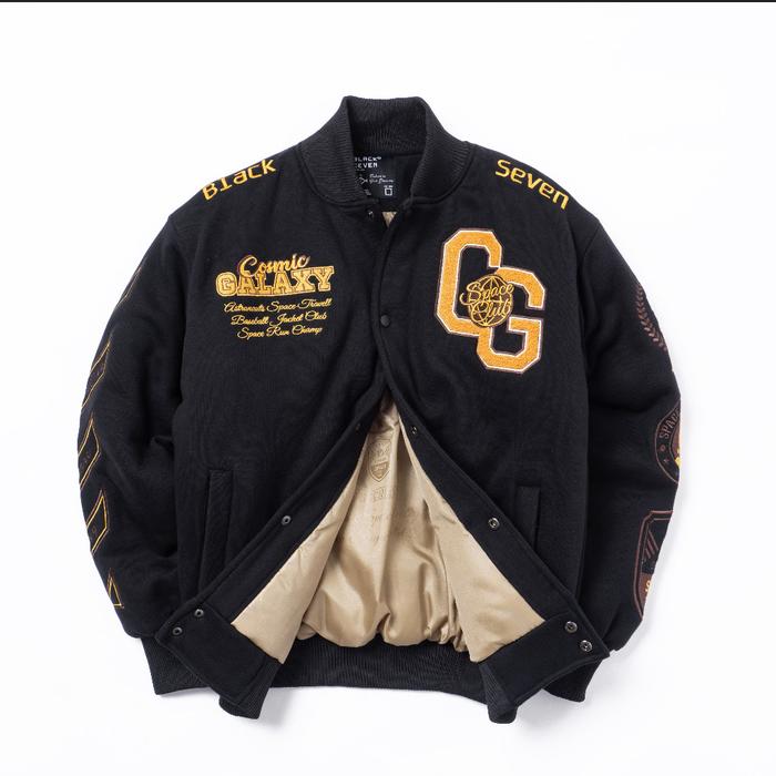Varsity Jacket Jaket Pria  Cosmic Galaxy - Black Gold Bordir Fleece Hitam Keren