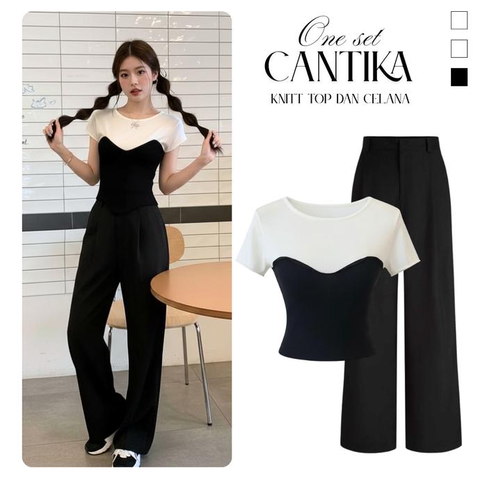 Outfit Set cewek Korean Style Kekinian ( Atasan Knitt Top Kombinasi + Celana Loose Pants Hitam  ) Se