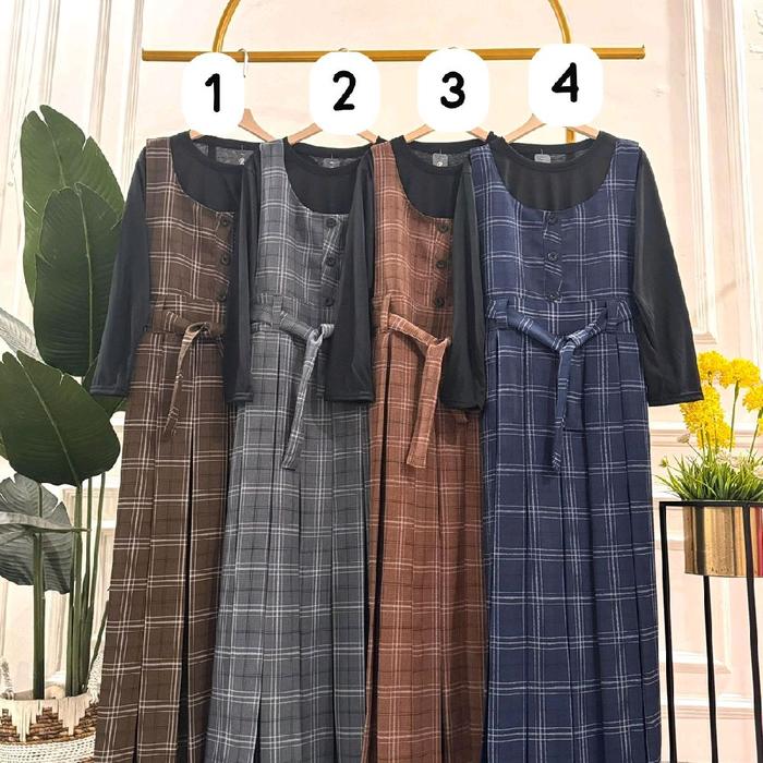 BLACK OUTFIT OVERALL DRESS WANITA DRESS PANJANG INNER LENGAN PANJANG HITAM KOTAK KOTAK BAJU TERUSAN