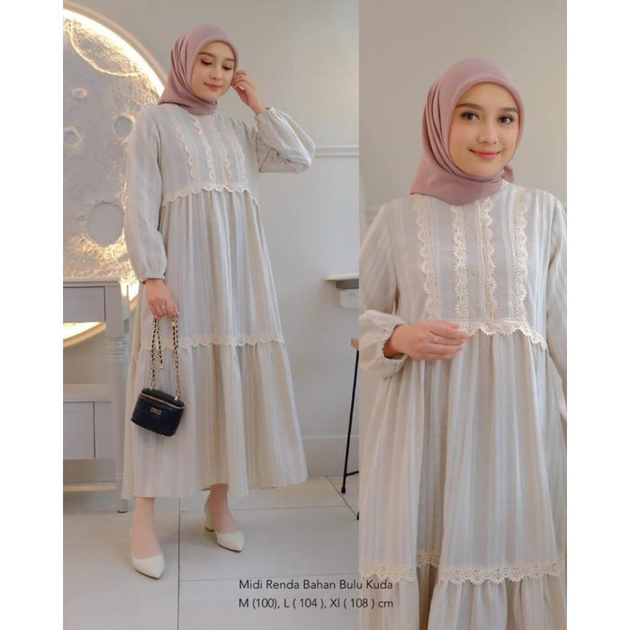 Ready- COD MIDI DRES RENDA BULU KUDA TUNIK JANNAH TOYOBO FUDDO BY DIANA