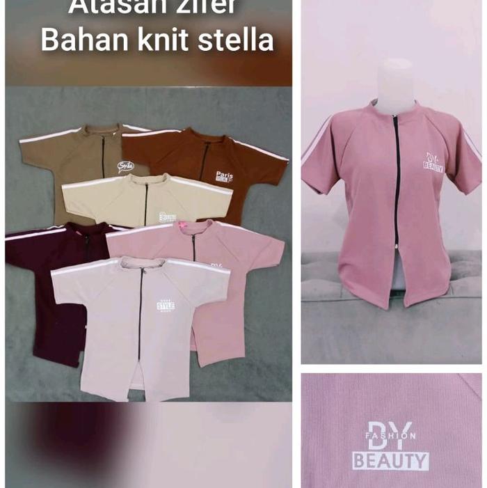 DY Fashion Beauty Atasan Zifer Bahan Knit Stella dengan Desain Zipper dan Logo