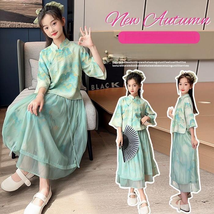 SETELAN CHEONGSAM ANAK PEREMPUAN BAJU HANFU GREEN ABSTRAK CANTIK MODERN STYLE IMPORT Rok Fashion