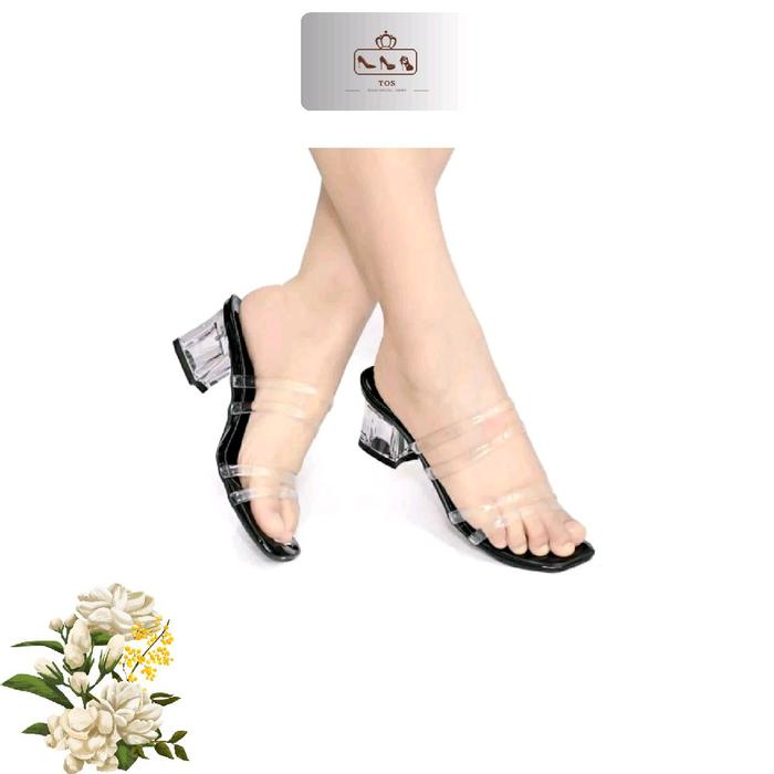 TOS | Sandal Wanita Hak Kaca 7cm Jelly Gladiator Glossy Terbaru Big Size 35-42 Hitam pesta white hak