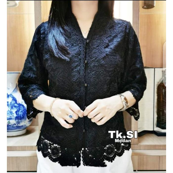 Atasan kebaya brokat lapis furing Blous kebaya atasan Import brokat Elghana hitam putih 8096 lurus