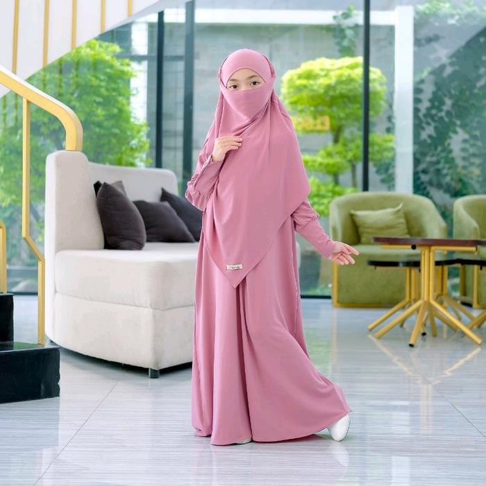 Ami kids Gamis Anak Perempuan French Khimar Usia 1-11 Tahun Warna Dusty Pink Bahan Jersey Ity Gamis 