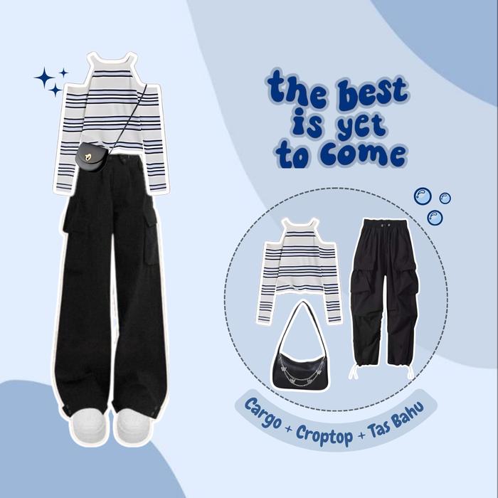 One Set 3in1 | Croptop Salur + Celana Cargo + Tas Bahu | - KA130