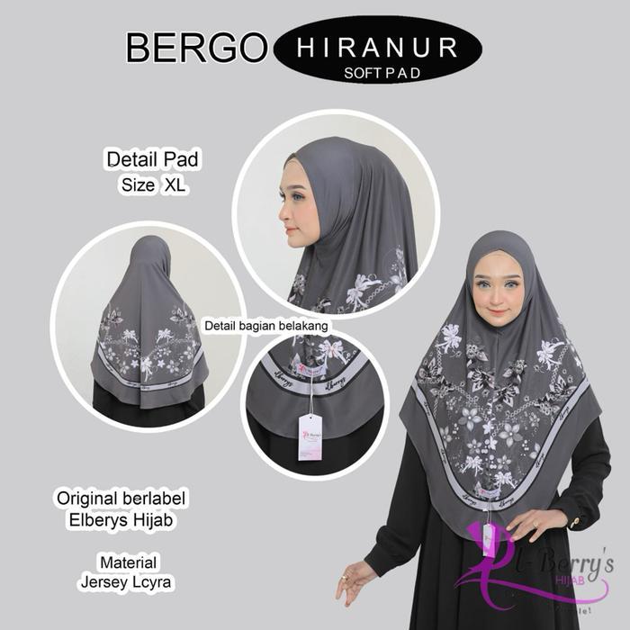 El-Berrys Hijab Bergo Hiranur Pad Dan Soft Pad Kerudung Motif Suim Printing Bunga Bahan Jersey Lycra