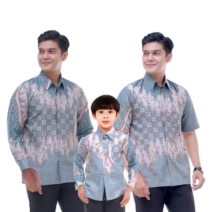 Kemeja Batik Pria Batik Ayah dan Anak laki Laki Motif Seroja Batik Anak Laki Laki Warna Hijau Telur 
