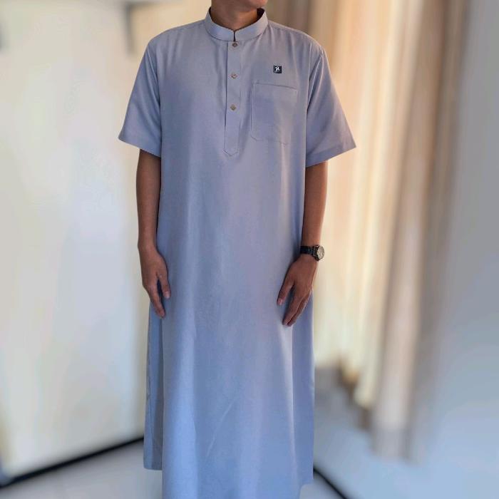 Afsheen Jubah Pria Dewasa Lengan Pendek Gamis Muslim Polos Kancing M L XL XXL Hitam Abu