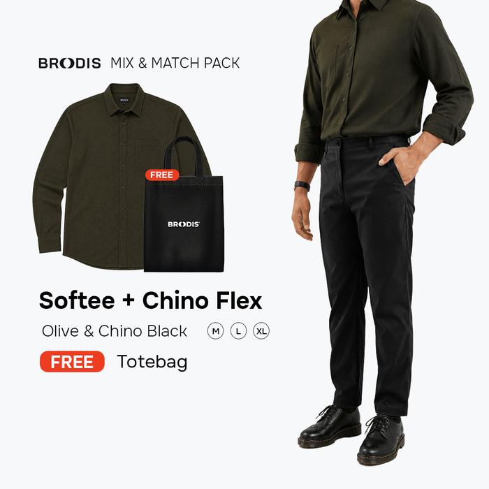 Broodis WFC Bundle | Chino Flex + Kemeja Softee Outfit Kerja Kasual 2 Artikel FREE Goodie Bag | Oliv
