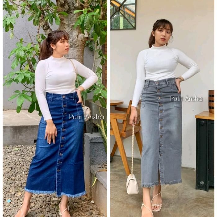 Rok Gisca jeans premium skirt // rok span gisca kancing 10 // rok jeans panjang