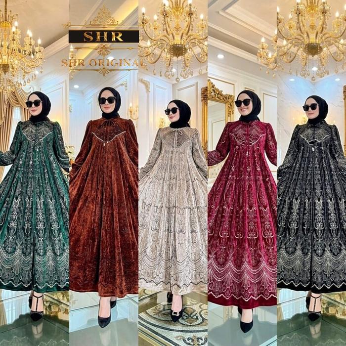 SHR Gamis Shr Bludru Olivia Motif Bordir Full Payet COD Baju Muslim Wanita Elegan Nyaman Bahan Bludr