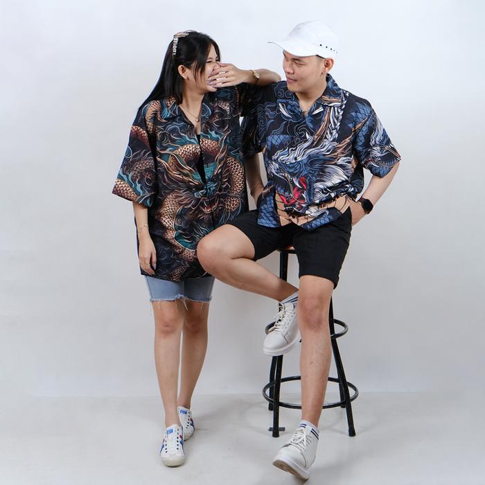 GOKS Baju Kemeja Motif Laki Laki Perempuan Full Print Printing Kemeja Vintage NAGA HIJAU 907