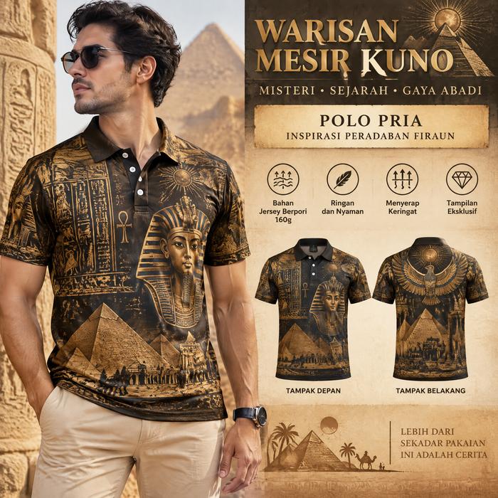 Polo Pria Motif Mesir Kuno Warna Hitam Cokelat, Bahan Jersey Berpori Ringan dan Nyaman