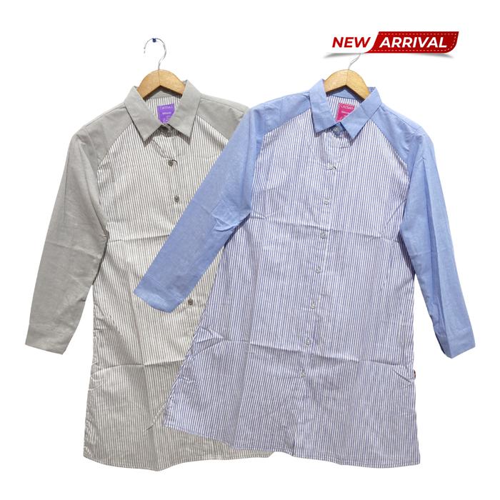 CAESAR LADIES Blouse Wanita Stripe Lengan Panjang Abu Biru Full Kancing