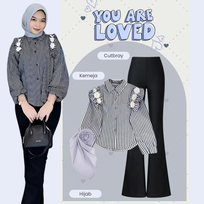 Daily-OOTD - Loved One Set OOTD Hijab Wanita Kekinian ( Kemeja Salur Stripe Bunga + Celana Cutbray +