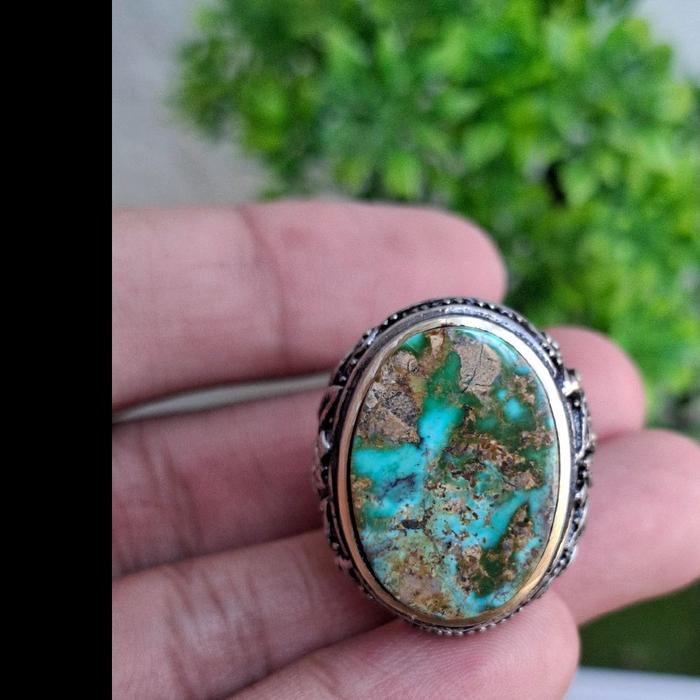 Natural Pirus Persia Origin Iran Warna Hijau Serat Emas Ring Alpaka Super Model Tanam