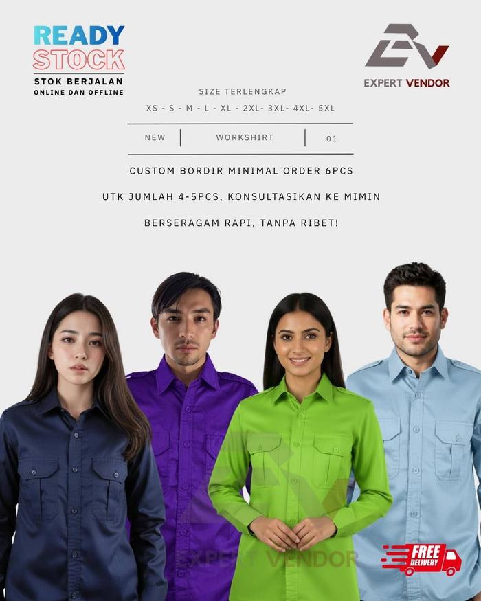 BAJU POLOS BASIC Pria Wanita, Kemeja Lapangan/ Gunung/ Outdoor / PDL/ PDH Formal Panjang Warna Biru 