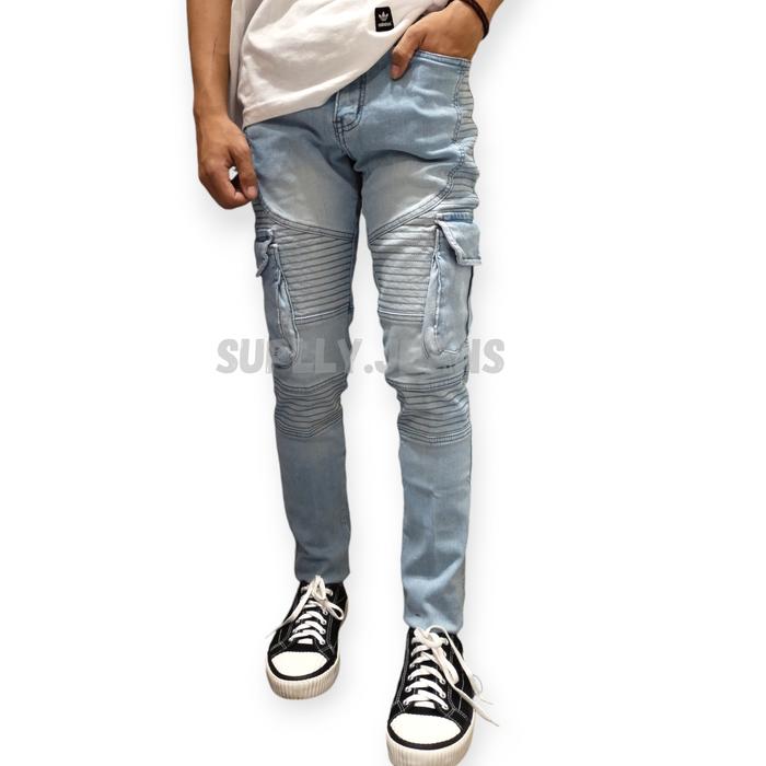 Celana Jeans Cargo Biker Full Pria Skinny Jeans Panjang Blue Sky