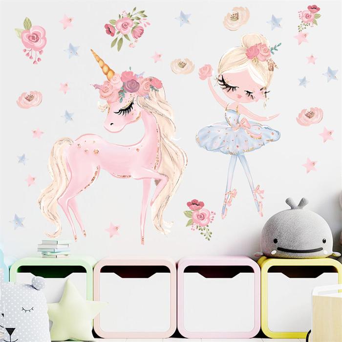 Cartoon Pink Unicorn Wall Sticker Cute Girl Dance Wall Sticker Infant