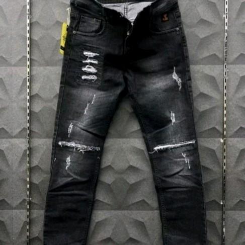 Celana jeans ripped hitam wash pahalutut sobek black ET Fit Nyaman Slim Tebal celana gangster