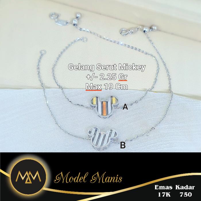 Gelang Serut Mickey Rainbow Emas Putih 750 kadar 18k