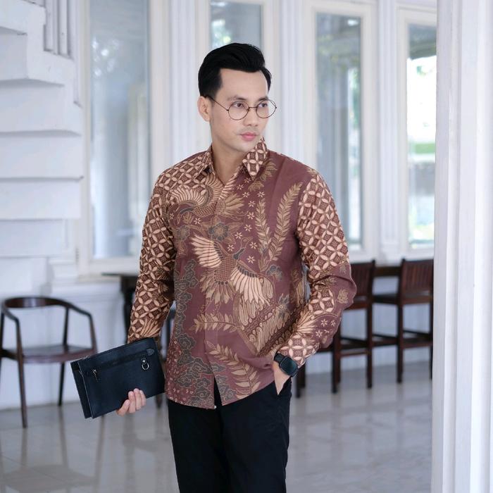 Kemeja Batik Pria Slimfit Mauve Terbaru Lapis Furing Motif Angsa Batik Metamorvosa Katun Halus Solo