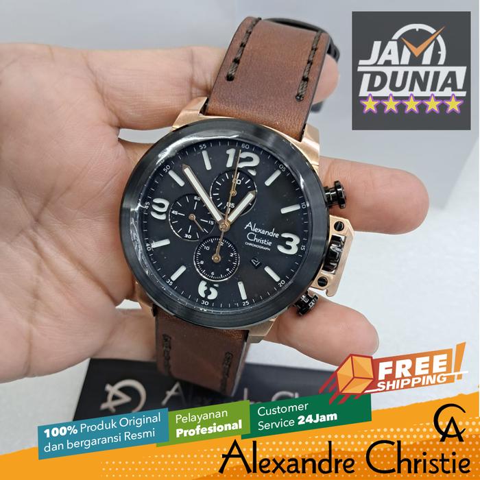 JAM TANGAN PRIA ALEXANDRE CHRISTIE CHRONOGRAPH ORIGINAL BROWN ROSE GOLD CASE BLACK 6280 AC 6280 AC62