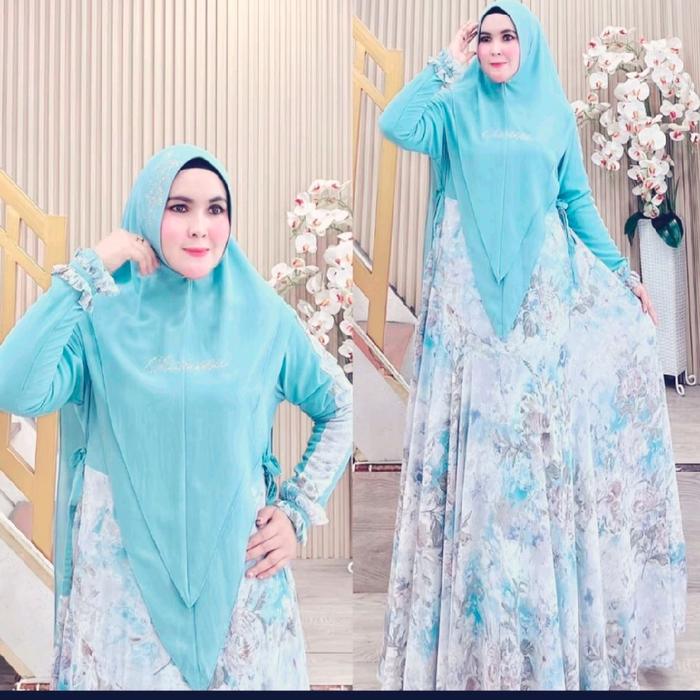 Yasmin series Bahan ceruty premium babydoll printing dengan atasan jersey grad A,  Khimar dengan bah