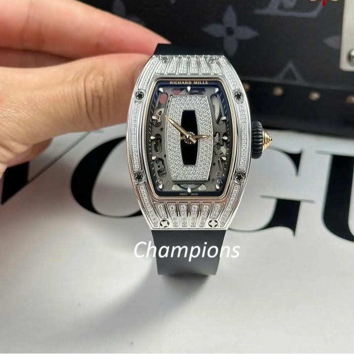 RM07 LADY JAM TANGAN WANITA DIAMOND RM 07-01 SILVER CASE BLACK RUBBER STRAP SUPER CLONE